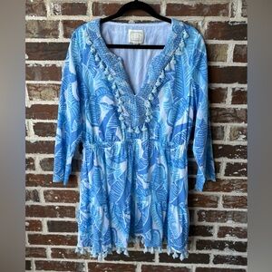 Sail to Sable Blue & White Palm Trees Coverup / Mini Dress with Tassels Size XL